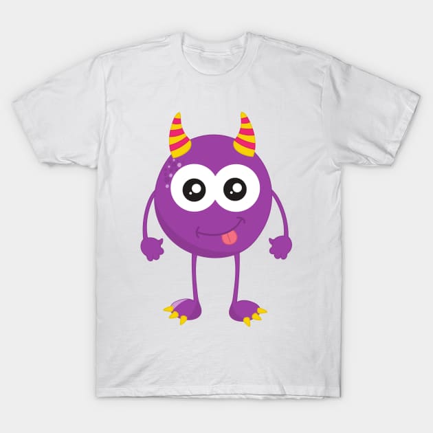 Cute Monster, Purple Monster, Funny Monster, Horns T-Shirt by Jelena Dunčević